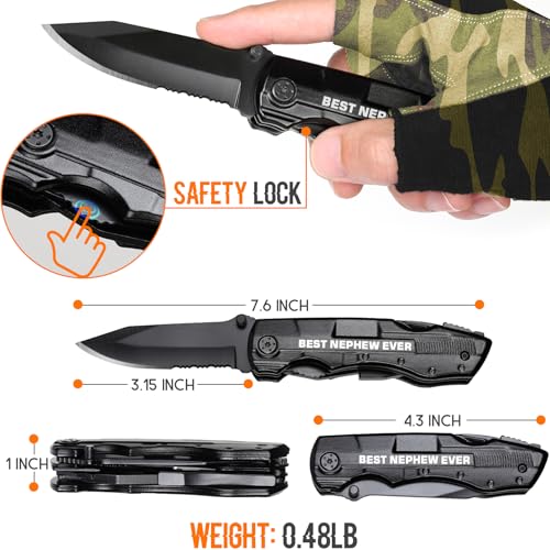 ONEAGE 20-in-1 black multitool knife set with engraved “Best Nephew” message and 9-in-1 screwdriver
