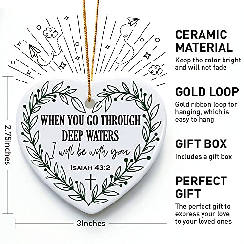 Christian Gifts for Women Teens Girls, When You Go Through Deep Waters, Ornament Keepsake Sign Heart Plaque Religious Bible Verse Gifts for Daughter Friend Sister Mother, Baptism Gifts for Baby Girl