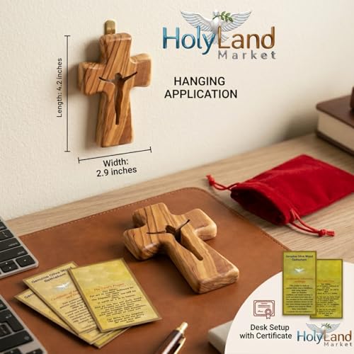 Wooden Pocket Cross - Bethlehem Olive Wood - 3-in-1 Design: Standing, Hanging, or Holding - Hand-Carved Jesus Silhouette - Includes Velvet Pouch, Prayer Card, & Certificate (4.2 Inches) Jesus - Savior