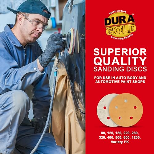 Dura-Gold 5-inch 320 grit gold hook and loop sanding discs, 5-hole pattern, box of 50