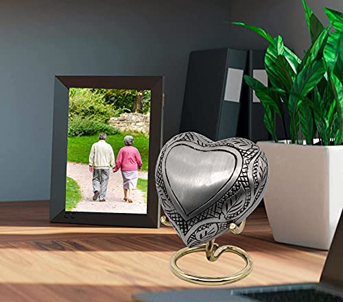 5MOONSUN5's Handcrafted Heart Urn Keepsake Cremation for Human Pet Ashes Engraved Heart Shaped for Adults & Infants Honor Your Loved One, Silver, Comes with Brass Stand & Premium Box