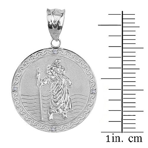 925 Sterling Silver Saint Christopher CZ Round Medal Pendant (1.16")