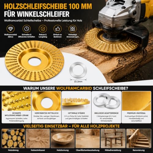 Pack of 3 Tungsten Carbide Wheel Wood 100 mm for Angle Grinder, Tungsten Carbide Wheel Wood, Grinding Disc for Grinding, Carving and Cutting