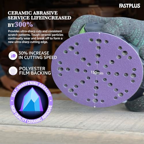 FASTPLUS 6-inch 800-grit ceramic hook and loop sanding discs, 49-hole design, 50-piece pack