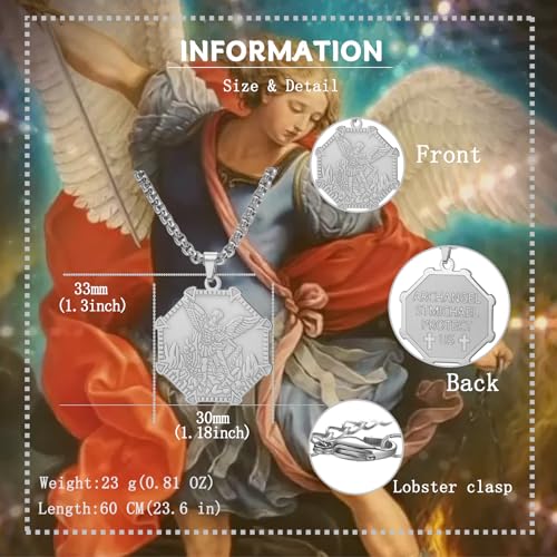 VASSAGO Saint Michael Necklace Stainless Steel Archangel St Michael Pendant Necklace Amulet Medal Jewelry for Protection and Prayer silver-box chain