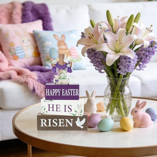 4 Pcs He Is Risen Wooden Table Sign Christian Table Centerpiece Religious Cross Easter Tiered Tray Decor Rustic Farmhouse Wooden Stack Block Signs for Home Kitchen Shelf