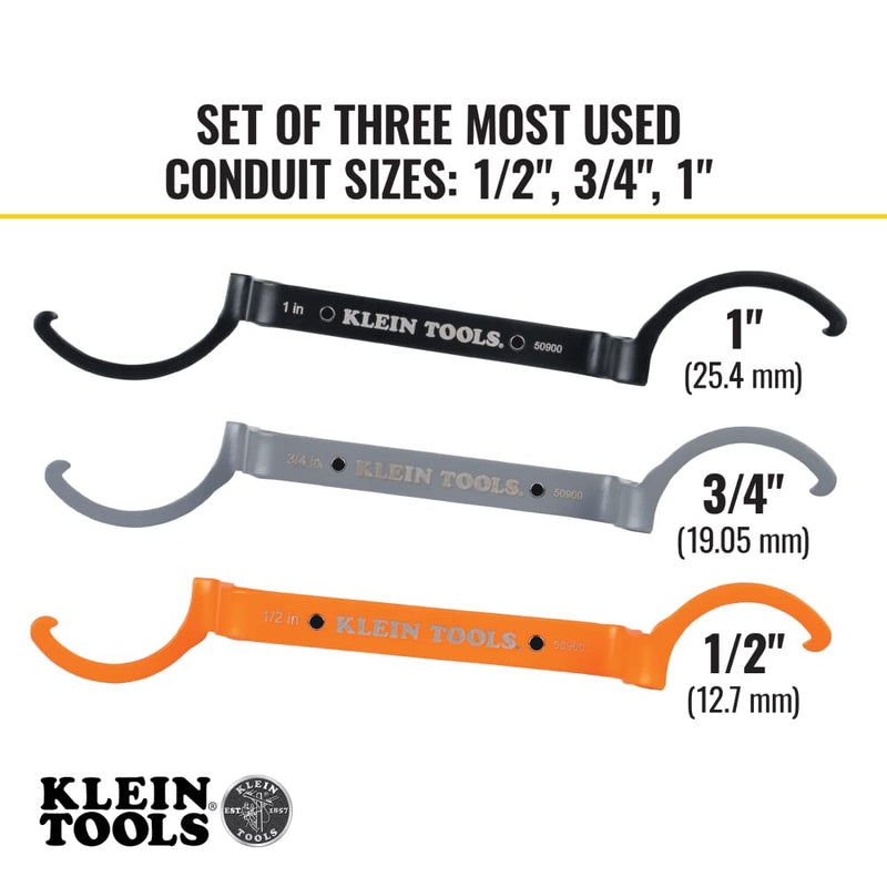[Australia - AusPower] - Klein Tools 50900R Conduit Lockout Wrench Set, Tighten and Loosen Locknuts in Tight Spaces, 1/2, 3/4 and 1-Inch, Offset Bends, 3-Piece 