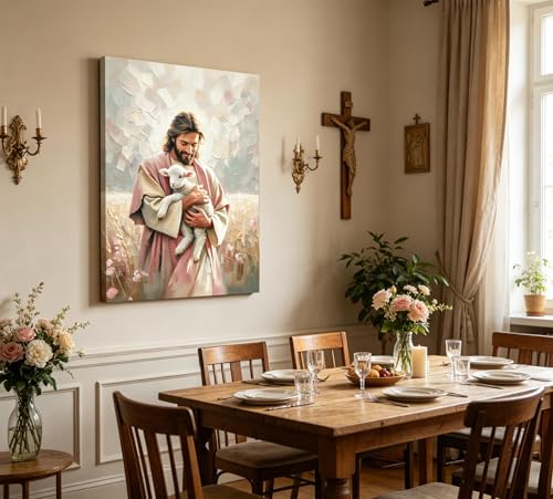 Jesus Embraces Lamb Canvas Wall Art The Lost Lamb Wall Decor Bible Stories Jesus Lamb Painting Picture God Leaving 99 Sheep Poster Prints for Bedroom Prayer Room Church Home Decoration16X24 Jesus holding sheep 16x24in