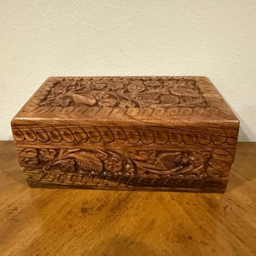 Handcrafted Wooden Jewelry Box – Floral Carvings, Secret Child-Resistant Lock, 7" Tabletop Trinket Holder – Ideal Valentine's Gift for Earrings, Rings, Necklaces, and Keepsakes 7" Box