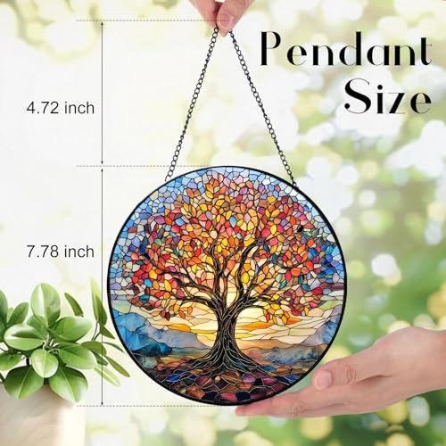 Stained Glass Tree of Life Suncatcher - 7.9" Real Glass Rainbow Mosaic Window Hanging, Weatherproof Spiritual Zen Decor, Vibrant Family Roots Housewarming Gift for Mom Grandma Women Yellow