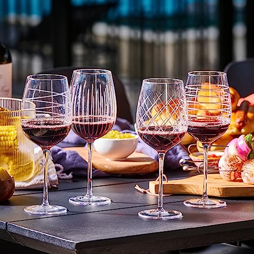 Cordial Glasses Set of 4-16oz. Clear Etched Red and White Unique Long Stem Wine Glass Cups for Alcohol Party, Wedding, Home 16oz