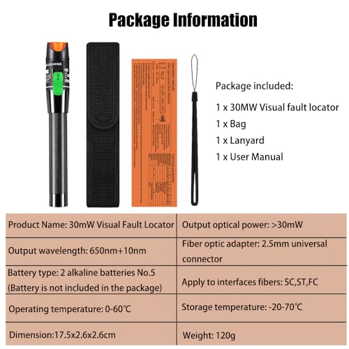 Visual Fault Finder 30mW 30km FTTH Fiber Optic Tester Fiber Optic Pen with 2.5mm Standard Interface for Fiber Interface SC/FC/ST (Pack of 1) 1PCS