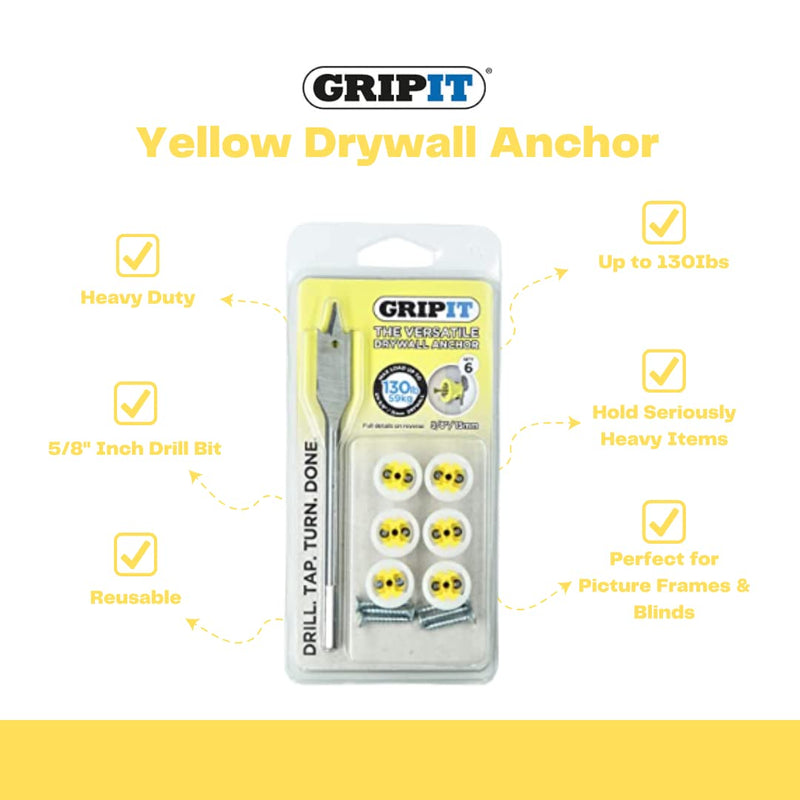 [Australia - AusPower] - Yellow Drywall Anchors (Up to 130Ibs/59kg) | Heavy Duty Drywall Anchors | Wall Anchors and Screws for Drywall | Anchors and Screws Kit | Plaster Wall Anchors | 5/8" Inch Drill Bit | Reusable 5/8" / 15mm (Holds 130lbs) 