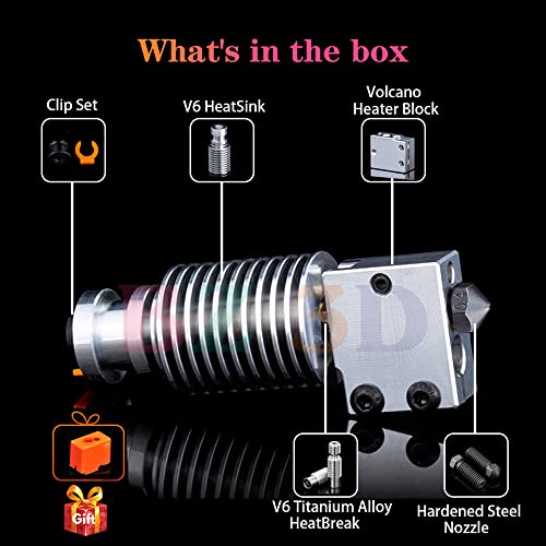 V6 Volcano All Metal Hotend High Flow,Volcano Hardened Steel Nozzle 0.4mm,Titanium Alloy Heatbreak,Heater Block Aluminum for V6 Volcano Hotend Kit,Titan,Dual Drive Extruder. Hardened Steel Nozzle Kit