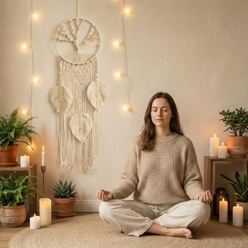 White Macrame Dreamcatcher Wall Hanging, 37” Long Vertical Boho Decor with Feathers & Tree of Life, Handmade Cotton Weaving for Bedroom, Meditation Space, Yoga Studio - Calming Spiritual Gift