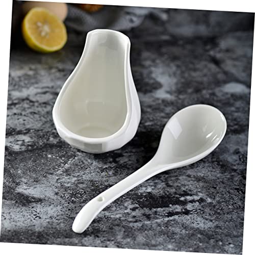 COLLBATH Ceramic Soup Spoon Rest Set Large Rice Spoon and Porridge with Utensil Holder 8.85 in Porcelain Ladle for Serving Soups Snacks Desserts Kitchen Dining Restaurants