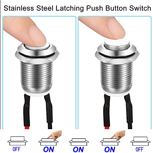 Gebildet 3 x Waterproof Push Button Locking Push Button Stainless Steel Button On Off 12 mm 2A/12V/24V/125V/250V with Wire (Protruding) 12mm Silver Protruding Head