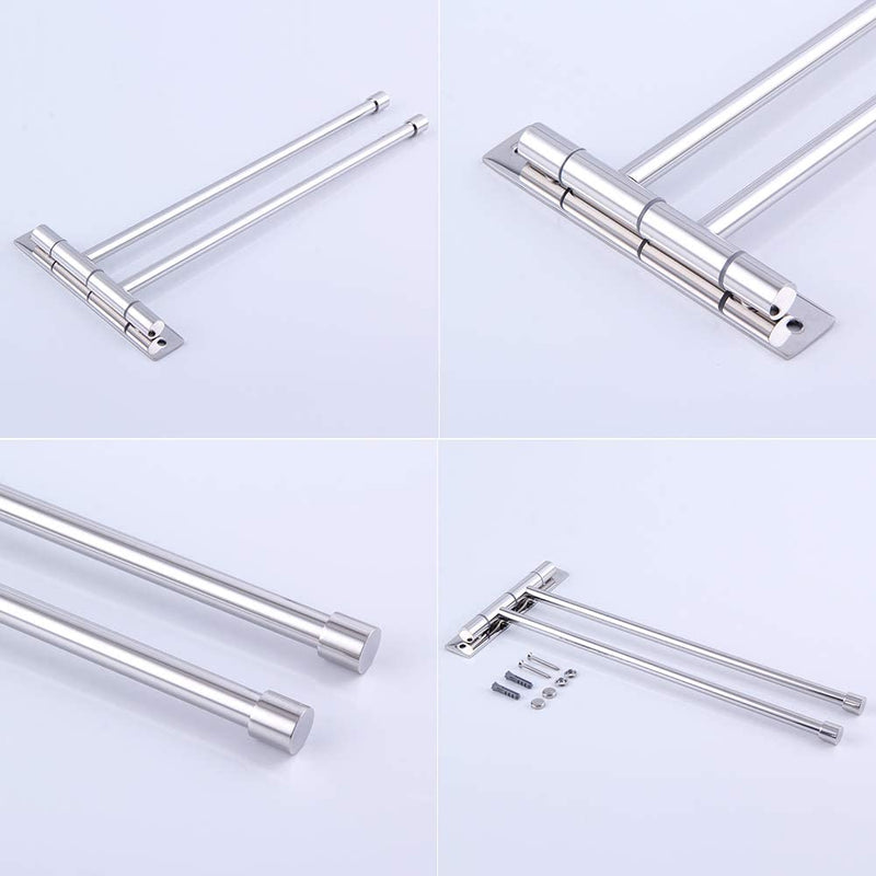 2-Arm Swivel Towel Bar Bathroom Towel Holder Wall-Mounted Swing Out Towel Rack with Hooks Rustproof Polished Finish