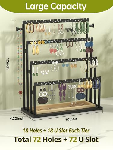 Earring Holder Organizer, 4-Tier Metal Jewelry Display Stand with Wooden Storage Organizer, Large Earring Holder for Studs, Hoops, and Dangles, Modern Jewelry Organizer for Women 4-Tier Stair-Step