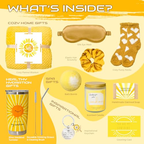 Birthday Gift Baskets for Women, 11 Pieces Unique Get Well Soon Gifts, Self Care Package, Inspirational Gift Set, Spa Gifts Box, Sending Sunshine Theme Presents for Her Mother Wife Sister Best Friend