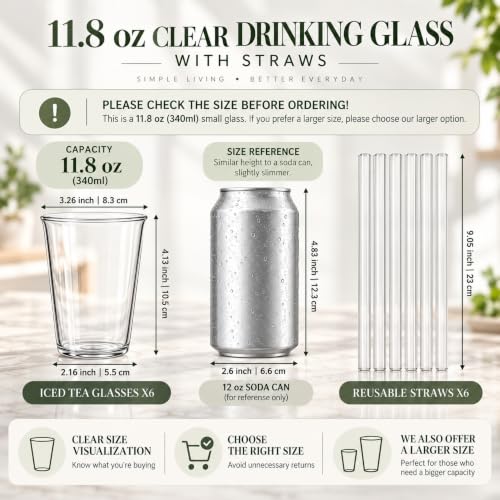 Set of 6 11.8 oz Clear Drinking Glass with Straws, 340 ml 11.8 Oz/ 340 ml