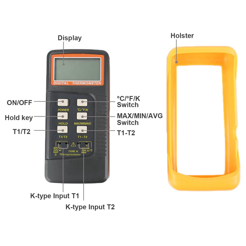 [Australia - AusPower] - Mengshen K-Type Digital Thermometer, 2 Channel with 4 Thermocouples Probe Sensor -50~1370°C (-58~2498°F) °C °F Kelvin Scale Switchable Handheld Temperature Meter Measurement 