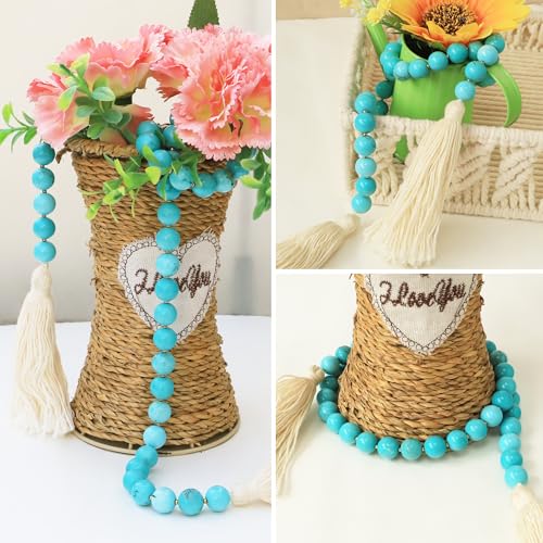 Gemstone Bead Garland with Tassel,31inch Farmhouse Rustic Country Table Decor Prayer Healing Beads Boho Wall Shelf Hanging Decoration (Turquoise Ball) Turquoise Ball