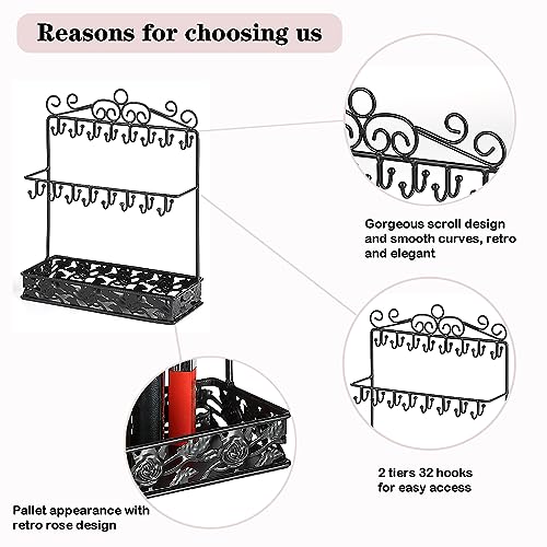 Black Metal Jewelry Holder Organizer Stand Necklace Holder Stand with 32 Hooks and Tray for Woman Rose Tray
