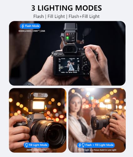 LOUERN Mini Camera Flash Speedlite with Video Light, GN8 On-Camera Flash, 4 Power Levels, 90 Angle Adjustable, Single-Contact Hot Shoe Flash for Sony/Canon/Nikon/Fuji/Pentax DSLR Mirrorless