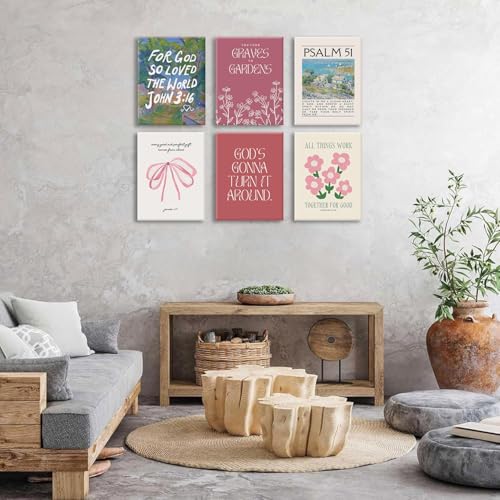 BingruiArt Pink Bow Psalm 51 Bible Verse Wall Art Set of 6 12x16 Framed Pink2 12x16inch canvas