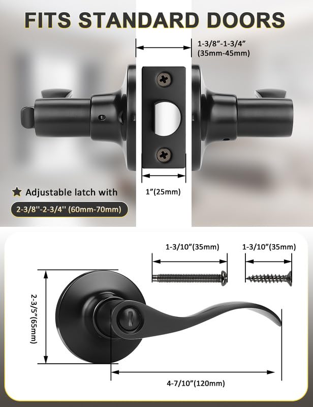 Mengico 2 Pack Door Lever Interior,Black Lever Door Handle,Modern Door Handle Privacy Door Lever(for Bedroom Bathroom),Reversible Wave Lever Handles Black