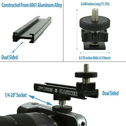 4 Inch Cold Shoe Extension Bracket - Dual Sided Camera Flash Mount with 1/4"-20 Flashner Adapter by Cam Caddie - Black 4 Inch