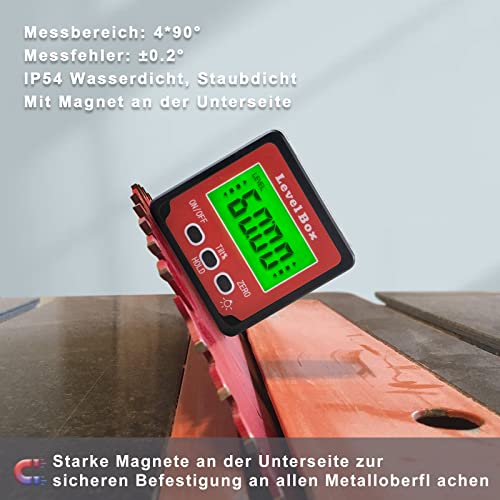 Digital LCD Protractor with Magnetic Base, IP54 Waterproof Inclinometer Bevel Box, Level Box Angle Measuring Device Inclinometer (Battery Included) Red
