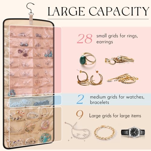 2 Pack Hanging Jewelry Organizer Storage with 39 Pockets, 30 Necklace Hooks Double Sided Wall Mount Earring Holder Organizer Bracelet Necklace Jewelry Display Hanger for Closet Door(Black) 1 Black