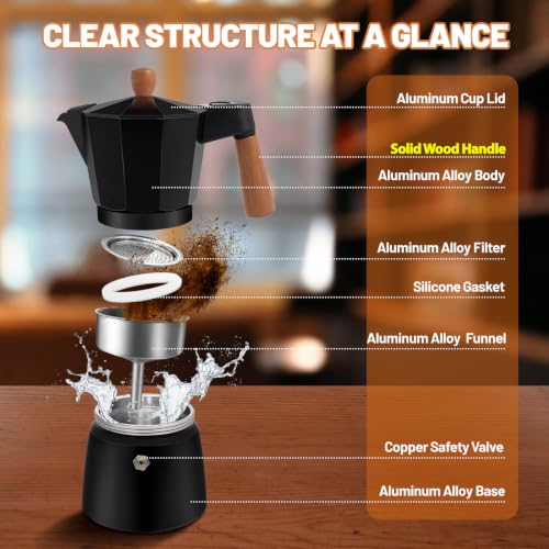 Black DITOSH 12-cup aluminum stovetop espresso moka pot with solid wood handle, designed for rich, flavorful coffee brewing.