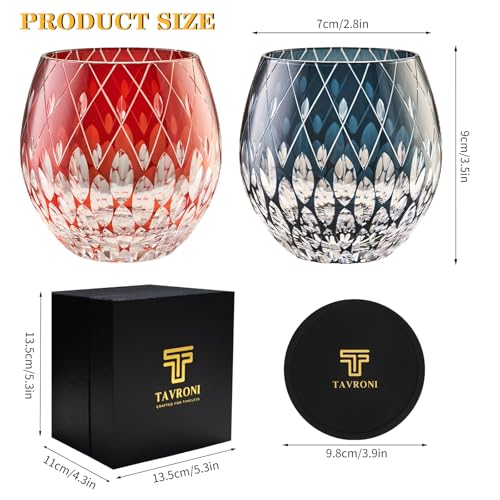 Hand-Cut Crystal Whiskey Glass, 10 Oz Red Lowball, Edo Style — An Old Fashioned Tumbler for Scotch Neat or Bourbon over Ice