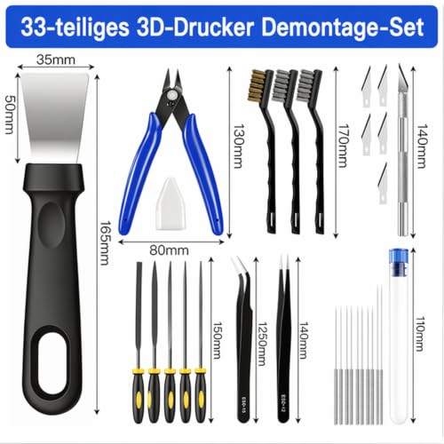 33 Piece 3D Printer Accessory Set, Cleaning Post-Processing Tool Kit with Nozzle Cleaning Needles, Deburrer, Spatula Knife, Wire Brush, Tweezers, Pliers for 3D Printer Model Making | 0.2-0.4 mm cleaning needles, cleaning brush, file, tweezers, pliers f...