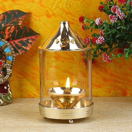 SATVIK - 7 INCH - Pure Brass Akhand Diya with Glass Chimney Kanchdeep Oil Lamp for Home Temple Pooja Diwali Decor Traditional Brass Lamp