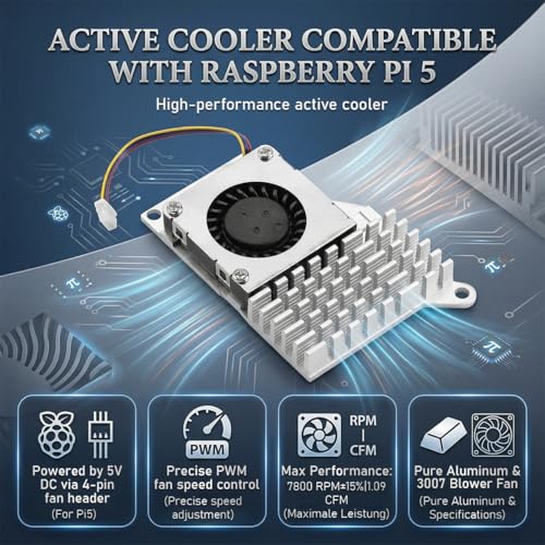 Zolara Heatsink Cooler Active Cooler (B) Compatible with Raspberry Pi 5, Active Cooling Fan, Aluminium Heatsink with Thermal Pads
