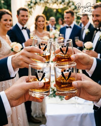 Set of 6 Engraved Whiskey Glasses for Groomsmen Gifts – 1 Groom + 5 Groom's Crew Rocks Glasses with Leather Coasters & Gift Boxes for Wedding, Bachelor Party Favors