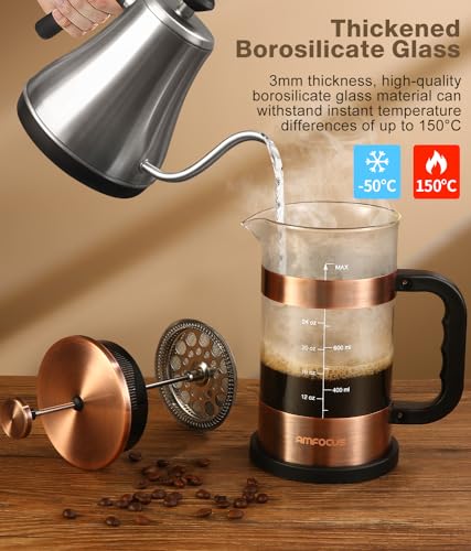 French Press Coffee Maker - 34 Ounce Classice Stainless Steel Coffee Press with 4-Level Filtration System, Heat Resistant Thickness Borosilicate Glass French Press Coffee Pot for Camping Travel Gift Copper
