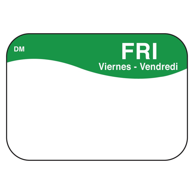 DayMark Safety Systems DissolveMark IT110029 Day of the Week Trilingual Economy Dissolvable Label, Friday, 7/8" x 1-5/16", Green (Roll of 1000)