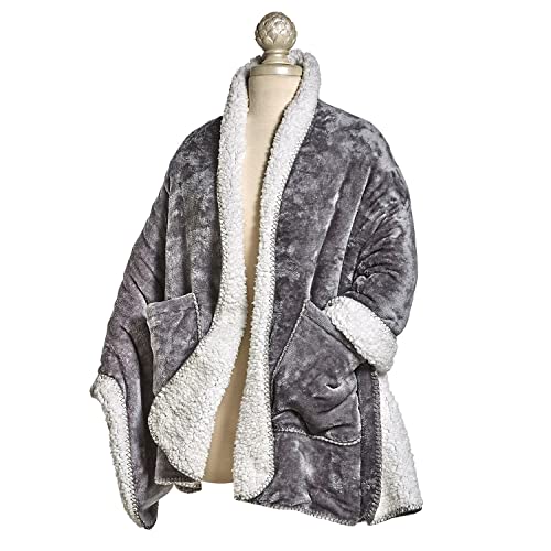 FLORIANA Womens Wearable Throw Blanket Poncho, Blanket Shawl With Pockets, Grey Gray/White