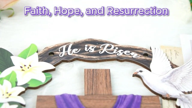 He is Risen Easter Wreath, Wooden Christian Cross Door Decor with Lily Flowers & Dove, Faith-Inspired Easter Hanging Sign for Front Door, Wall, Farmhouse Spring Decor