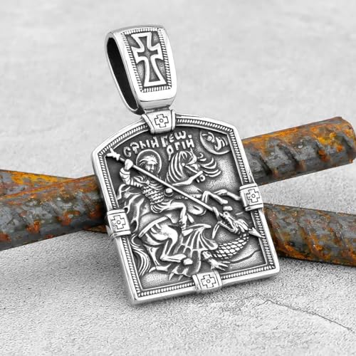 LOBON Christian Necklace Stainless Steel Saint George Pendant for Men Women Religious Talisman Necklace Jewelry (2.8 x 1.6 in, 2.58 oz)