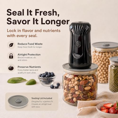 UnicornGlasgow Electric Mason Jar Vacuum Sealer Kit, Automatic Cordless Jar Sealer with 10 Lids, One-Touch Food Saver for Wide & Regular Mouth Jars, Homesteading & Meal Prep