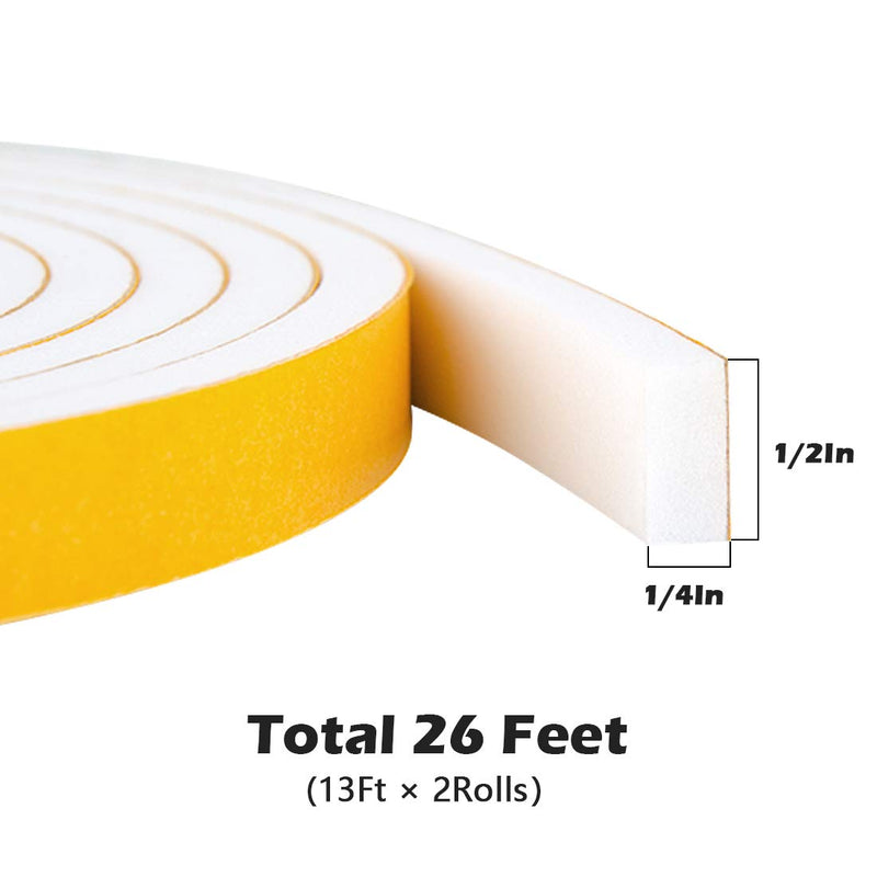 [Australia - AusPower] - White Door Window Weather Stripping Self Adhesive Foam Tape 1/2 in × 1/4 in × 26 Ft, High Density Foam Sealing Strip Window Insulation Weatherproof Gasket Tape for Doors and Windows 1/2 In x 1/4 In x 26Ft White 