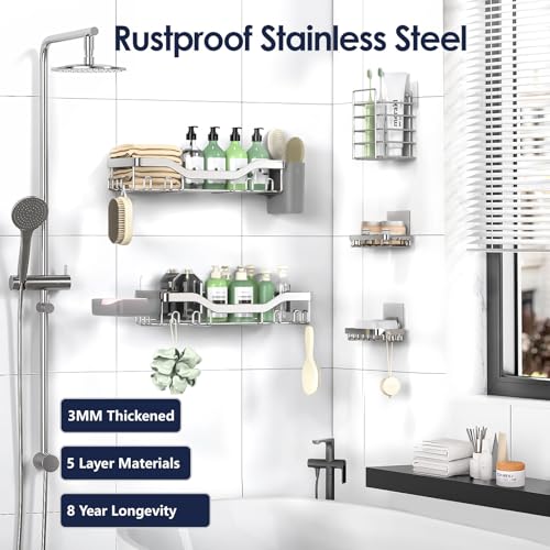 NESOMI Shower Caddy Adhesive Shower Organizer 7-Pack, Rustproof Stainless Steel Bathroom Shelves, Large Capacity No-Drill Rack Storage Accessories with Soap Dish Toothbrush Holder Hooks Silver 7-Piece Set