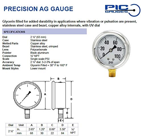 [Australia - AusPower] - PIC Gauges AG-201L-254P Bottom Mount Glycerin Filled Single Scale Pressure Gauge w/ SS Case/Bezel, Brass Internals, Plastic Lens, 2.5" Dial, 1/4" Male NPT, 0-3000 psi Range 0 to 3,000 PSI 