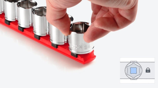 TEKTON 1/2-inch drive 2-rail socket organizer set in red, 30-tool set made in USA